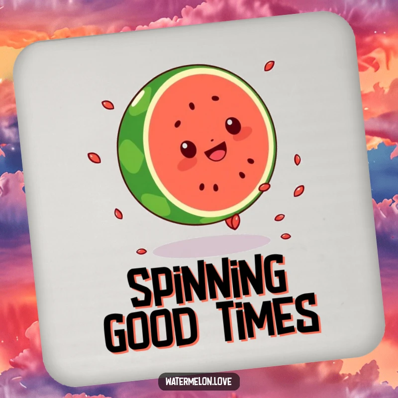 Funny coaster featuring a round Kawaii watermelon character performing a cartwheel, seeds flying, adding a humorous and athletic touch to drink service.