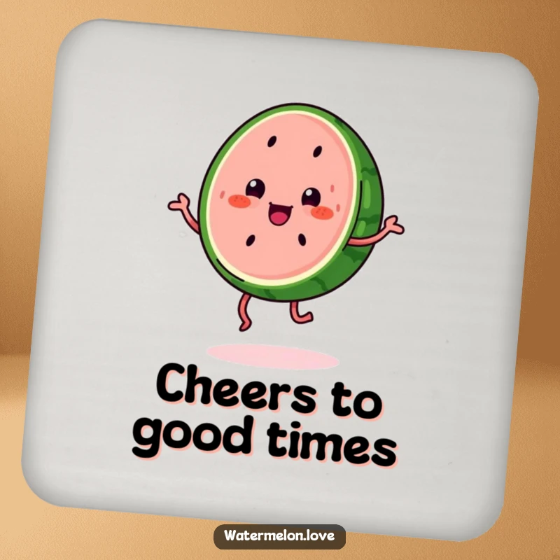 Funny kawaii watermelon slice with legs doing a happy jig, a humorous coaster set for drink protection.