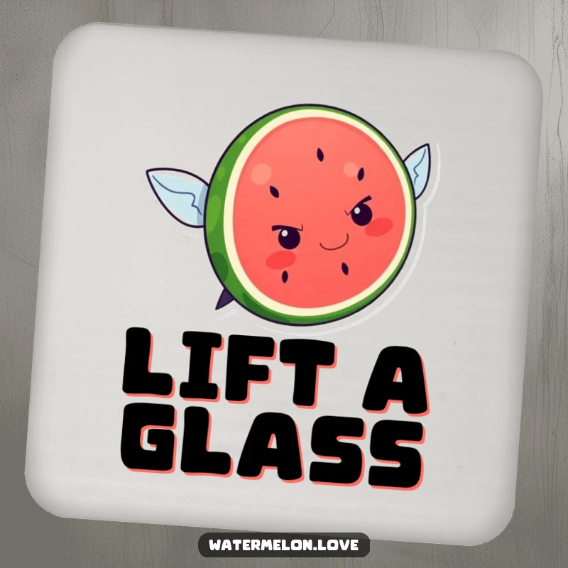 Funny kawaii watermelon slice attempting flight on a humorous drink coaster, protecting surfaces with ambition.