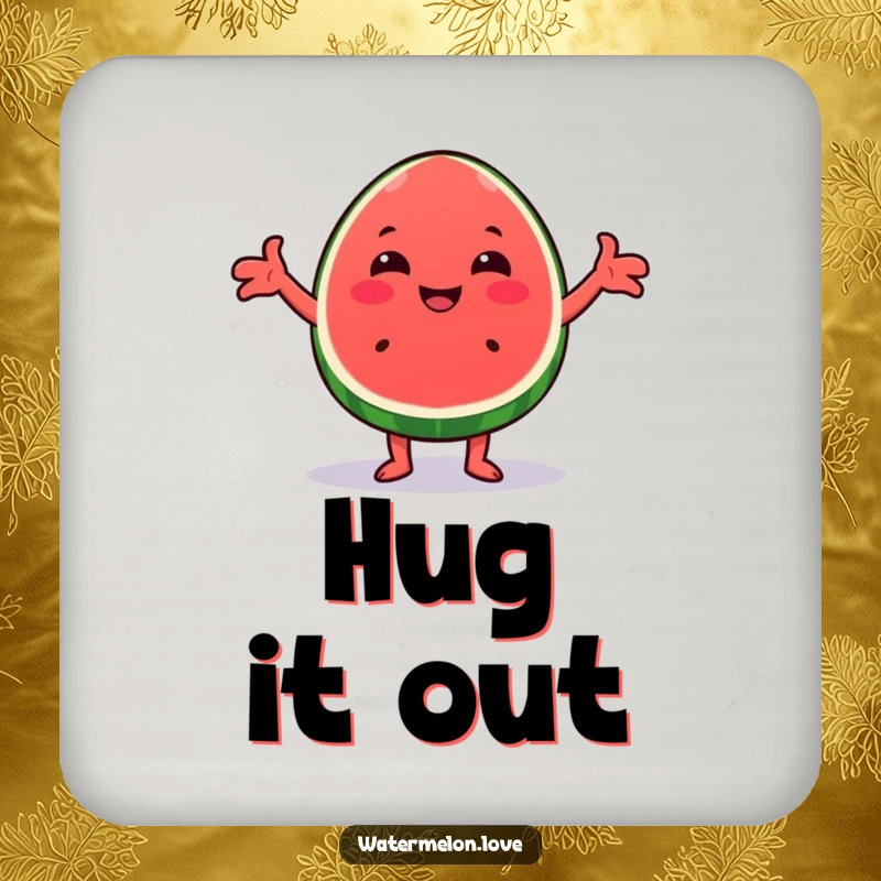 Funny Kawaii watermelon wedge coaster, featuring a character offering a cheerful, loving hug, perfect for drink protection.