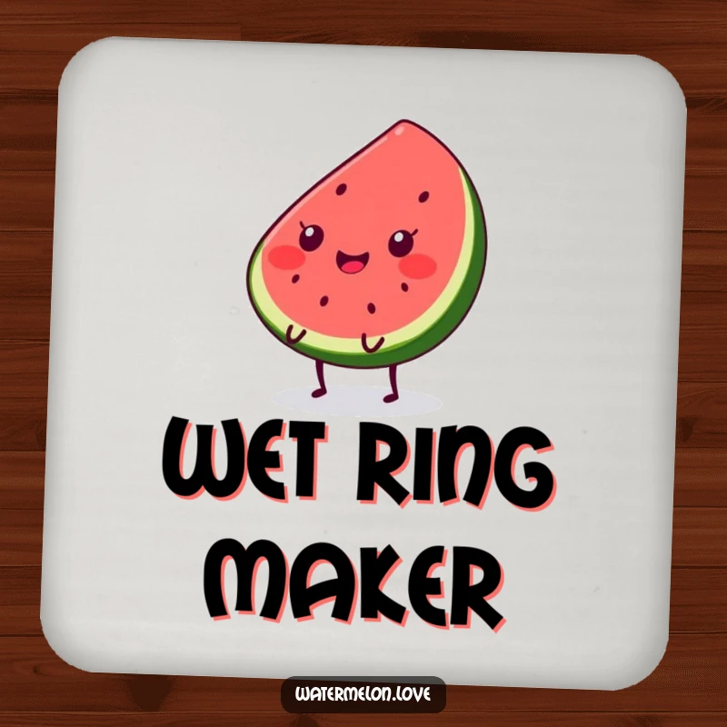 Funny Kawaii watermelon slice coaster featuring a smiling character with tiny legs happily bouncing, protecting surfaces with humor.