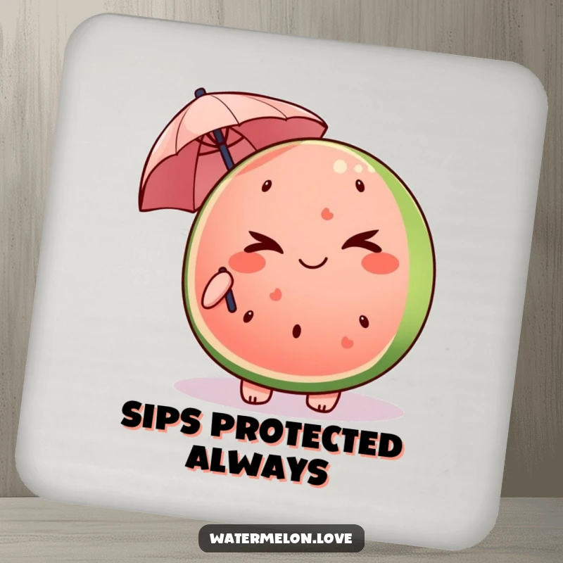 Funny Kawaii watermelon slice coaster winking and holding a tiny umbrella, a humorous and playful coaster.