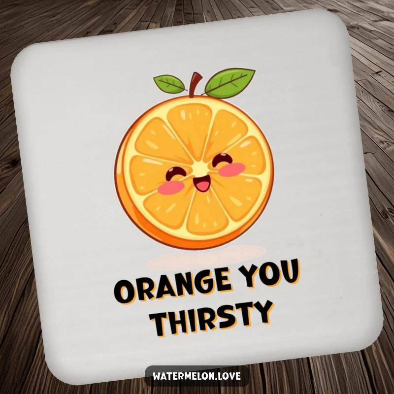 Funny drink coaster featuring a cheerful orange segment in a spinning motion, protecting surfaces with a vibrant vibe.