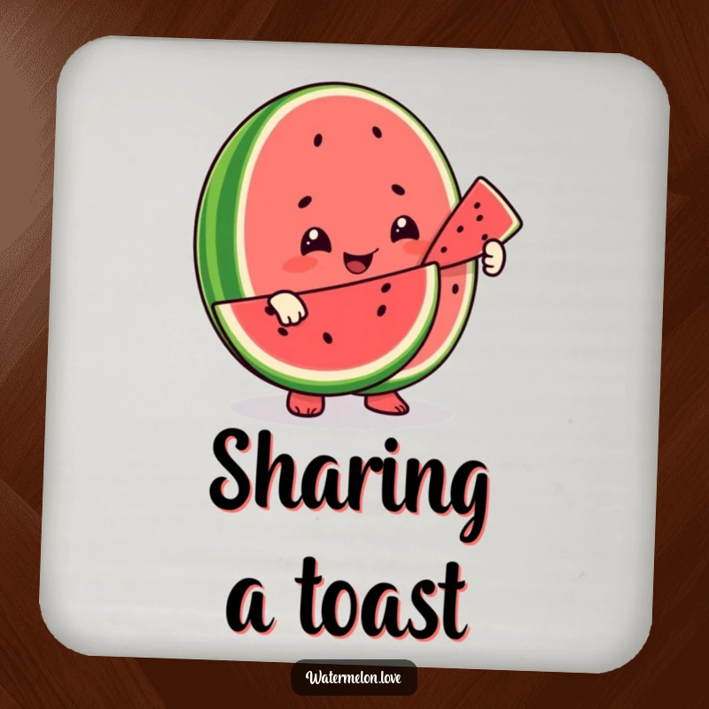Funny drink coasters featuring a smiling watermelon character offering a slice to another fruit, promoting kindness and protecting surfaces.