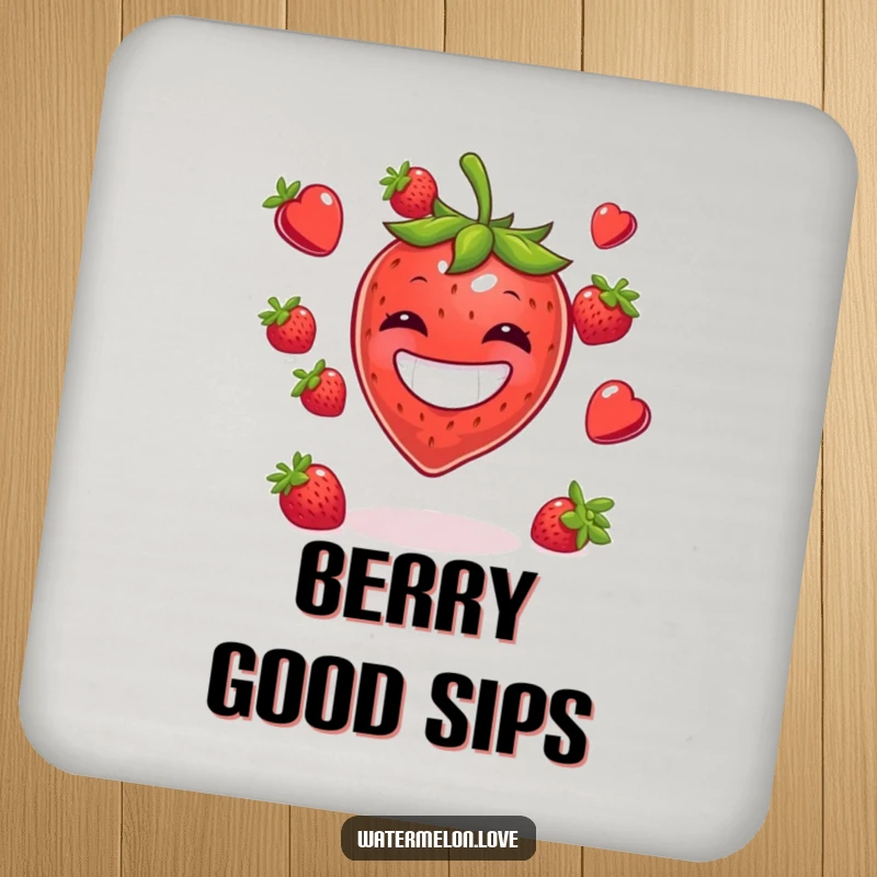 Funny drink coaster featuring a grinning strawberry juggling berries, protecting surfaces with a cheerful vibe.