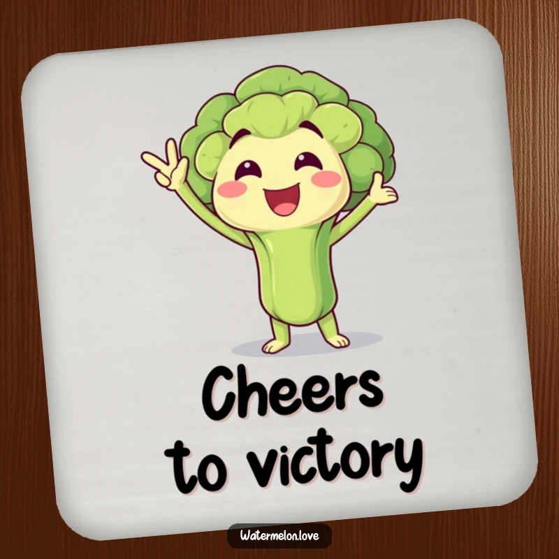 Funny Coasters: Broccoli floret in a victory pose, protecting surfaces with healthy charm, a cute funny gift.