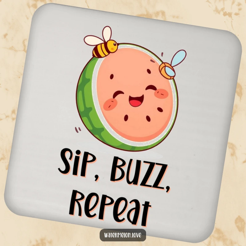 Funny drink coaster featuring a giggling segmented watermelon slice humorously chasing a flying bee, a charming and functional piece.