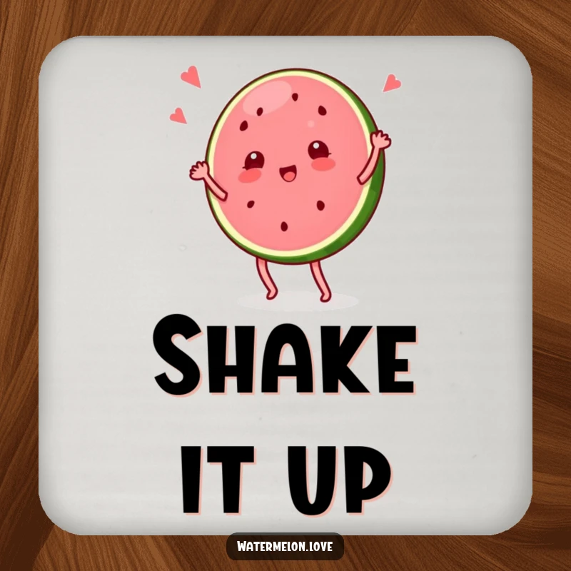 Funny drink coasters featuring a watermelon slice character in a comical dance pose, safeguarding surfaces with vibrant, humorous art.