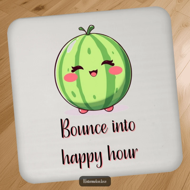 Funny winking watermelon drink coaster, a whole fruit character with a playful wink and bounce.