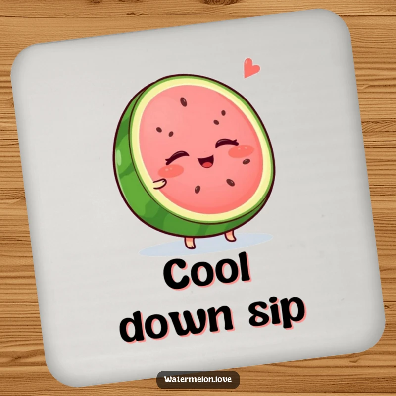 Funny watermelon coaster, a wobbly slice with closed eyes, enjoying a cool breeze, perfect for protecting tables.