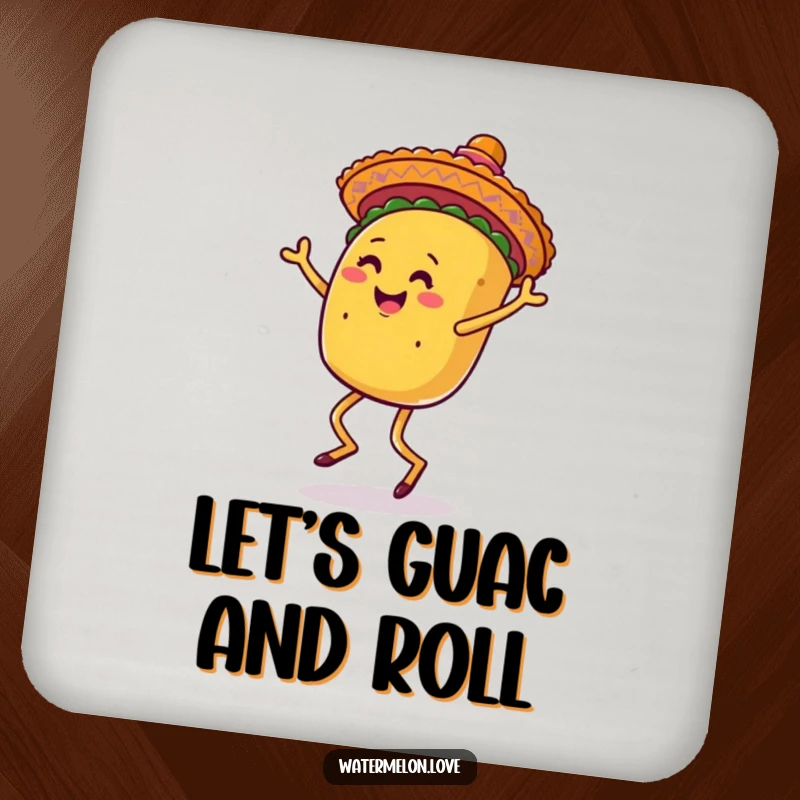 Funny drink coasters featuring an anthropomorphic taco dancing with a sombrero, adding festive flair to your table.