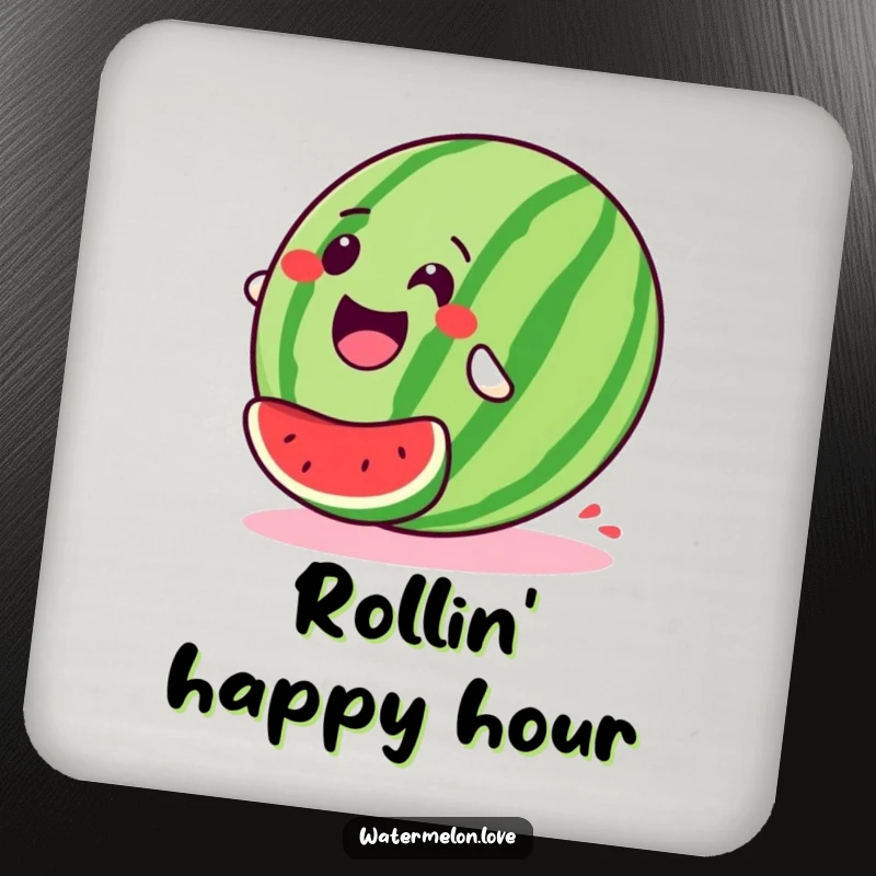 Stylized, happy watermelon drink coaster shown rolling downhill with pure glee, offering playful protection and a touch of exhilarating fun.