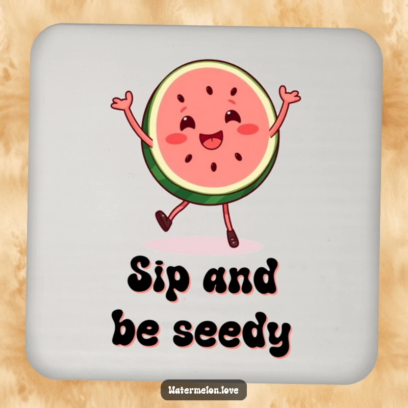 Funny watermelon slice drink coaster captured in a dynamic, bouncy dance, adding a touch of playful protection and humor to your tables.