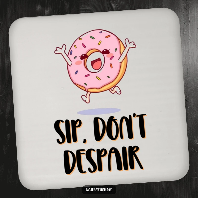 Funny drink coasters featuring a leaping anthropomorphic donut with sprinkles, adding sweet flair to your table.