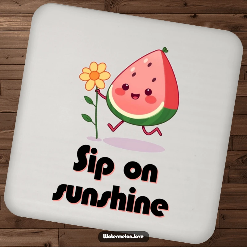 Funny kawaii watermelon with legs cheerfully skipping with a flower, featured on protective drink coasters, a charming and humorous gift.