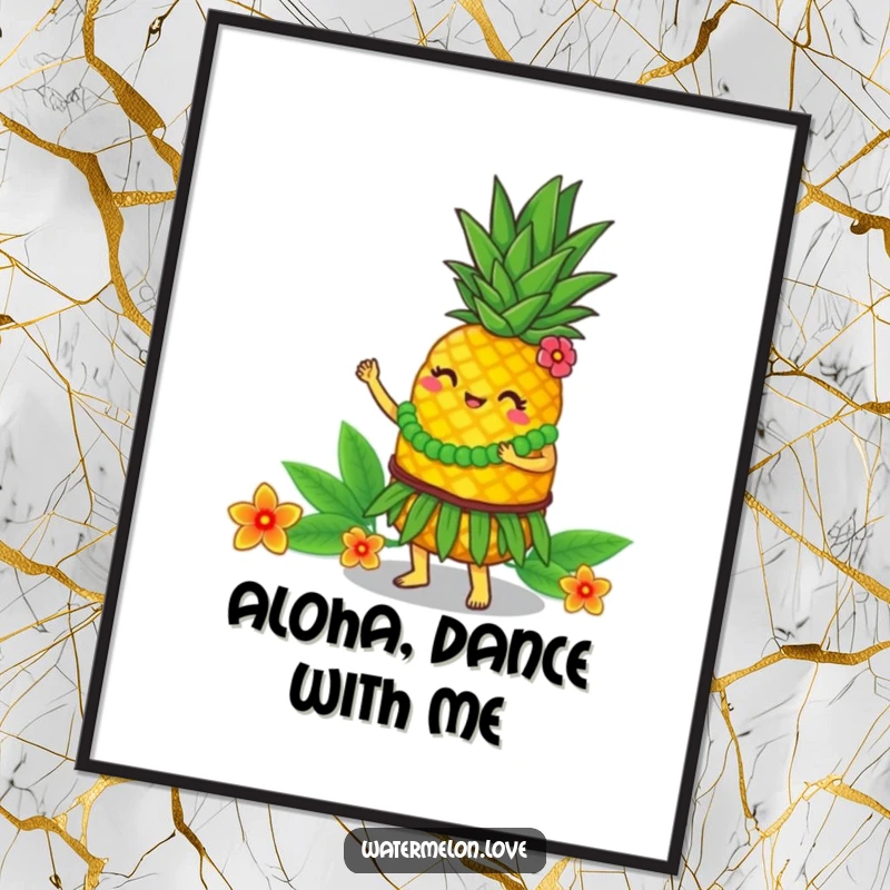 Funny Poster: Anthropomorphic pineapple dancing the hula, vibrant colors, a fun funny gift.