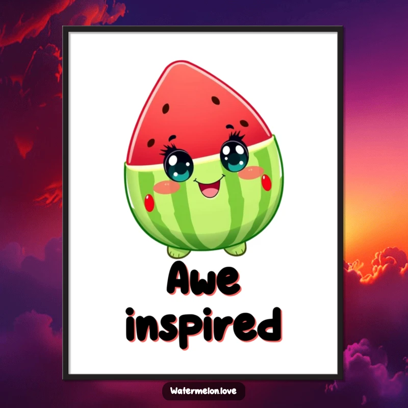 Funny poster art of a watermelon character with eyes wide open in sheer delight, capturing a moment of pure, fruity bliss.