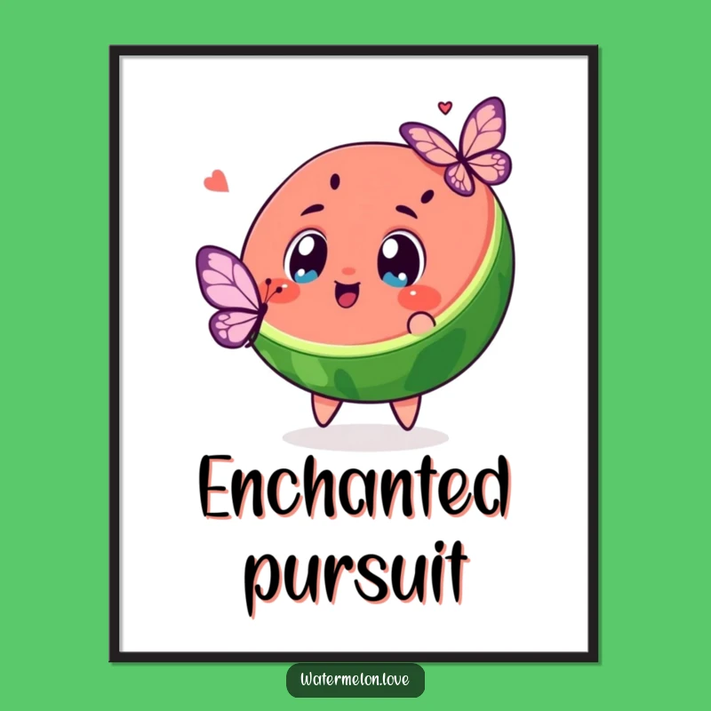 Funny Kawaii Watermelon Butterfly Chase Poster: Excited Slice Art, Wall Decor