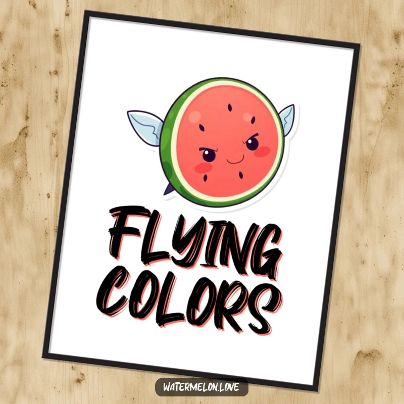 Funny A2 poster print of a kawaii watermelon slice with a determined expression attempting to fly.