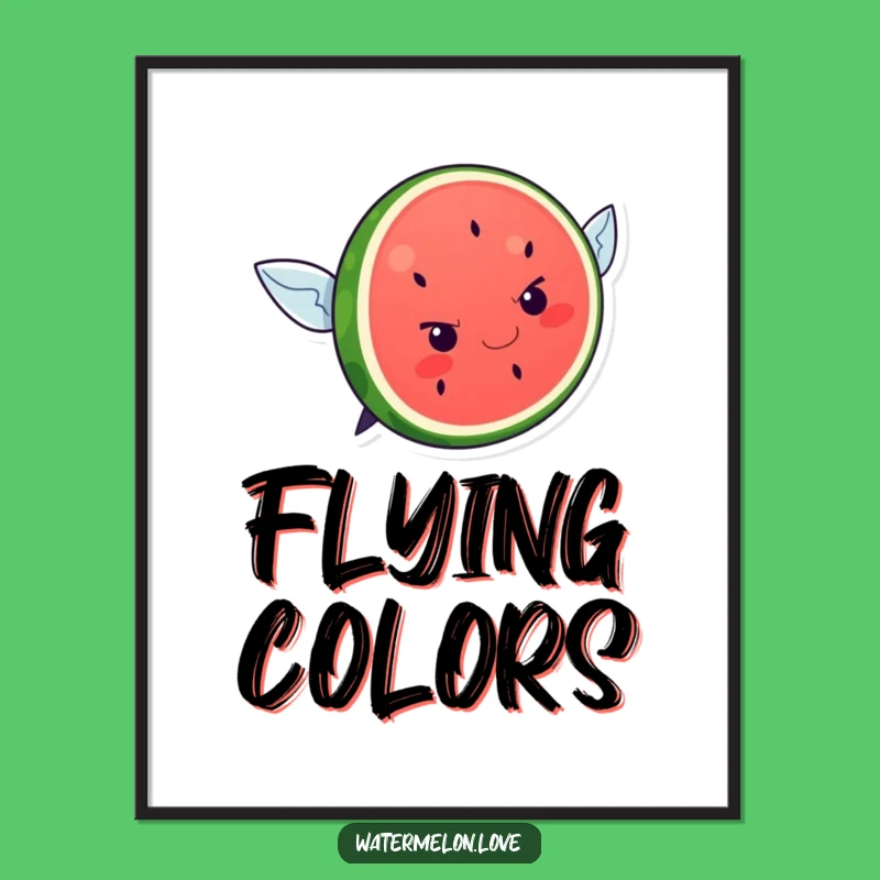 Funny Kawaii Watermelon Flying Attempt Poster: Determined Slice Art, Wall Decor