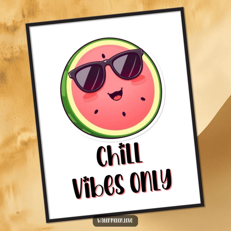 Funny watermelon slice wearing cool sunglasses, depicted as stylish wall art poster, a humorous and trendy gift.