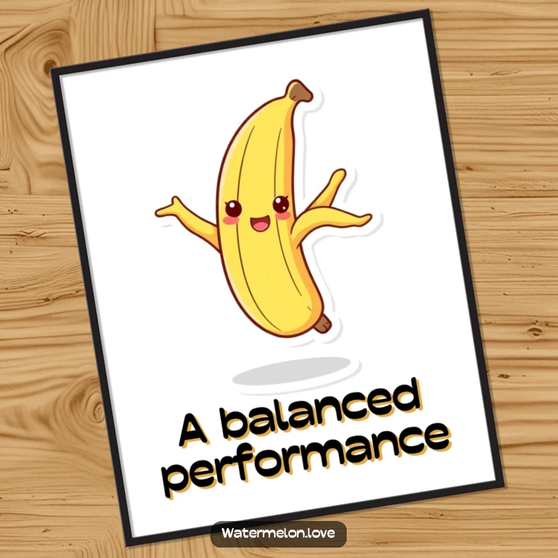 Funny dancing banana peel poster, a cheerful fruit peel in a silly dance pose on its tip.