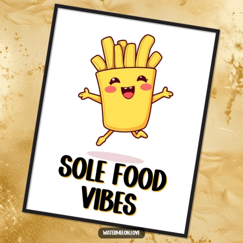 Funny poster depicting an anthropomorphic french fry in an energetic jump, perfect for adding playful and food-themed decor.