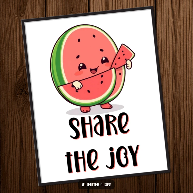 Funny poster art of a smiling watermelon character offering a piece to another fruit, celebrating the beauty of sharing and friendship.