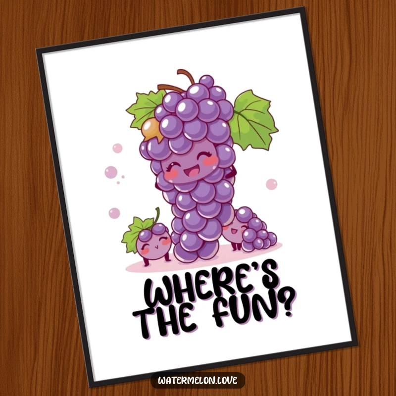 Funny poster art of a giggling bunch of grapes playing hide-and-seek, full of playful energy and joy.