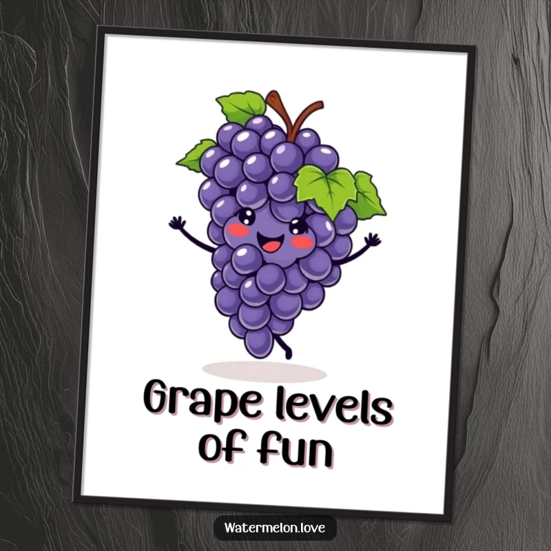 Funny poster featuring a smiling grape cluster doing an energetic cartwheel, a delightful piece of whimsical fruit-themed art.