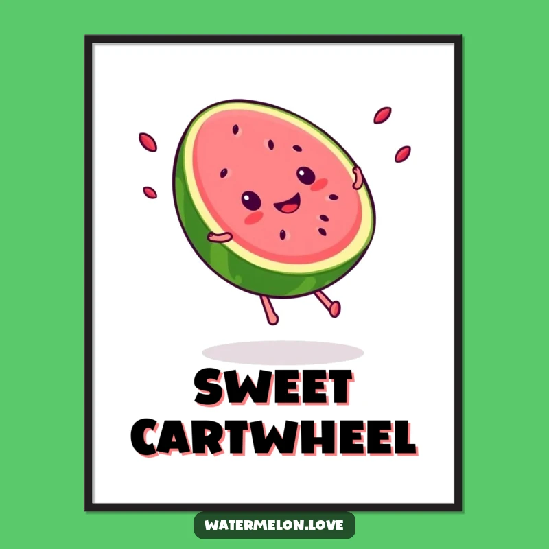 Funny Kawaii Watermelon Poster: Cartwheel Art, Whimsical Summer Gift!