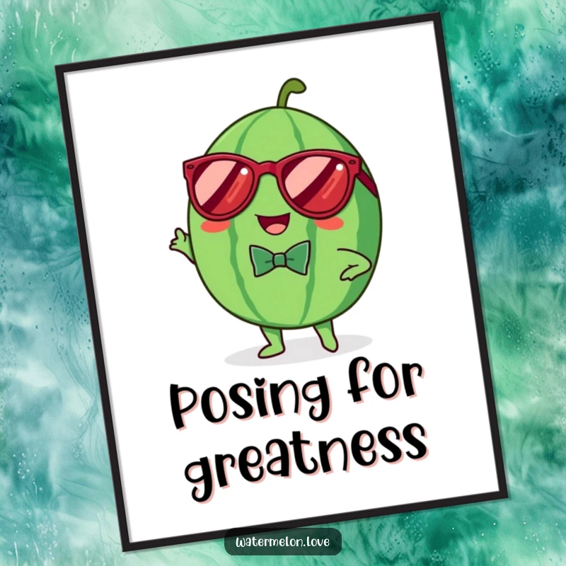 Funny poster of a cheerful Kawaii watermelon wearing sunglasses and a bowtie, striking a cool pose, radiating dapper charm and humor.