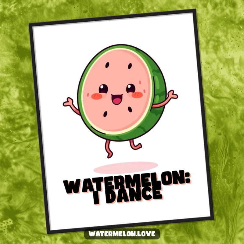 Funny kawaii watermelon slice with legs doing a happy jig, a colorful and humorous poster for wall art.