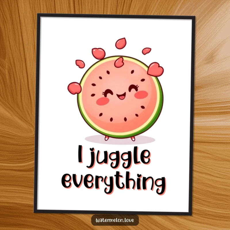 Funny kawaii watermelon slice juggling multiple seeds with a smile, a humorous and eye-catching poster.