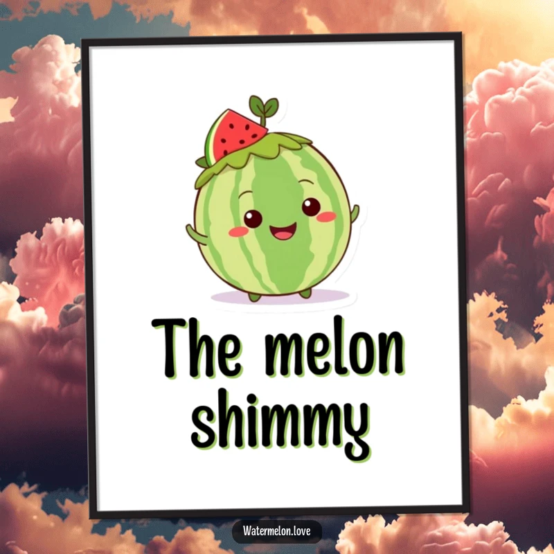Funny Kawaii whole watermelon poster featuring a grinning character with a leafy crown doing a fun shimmy, perfect for wall decor.