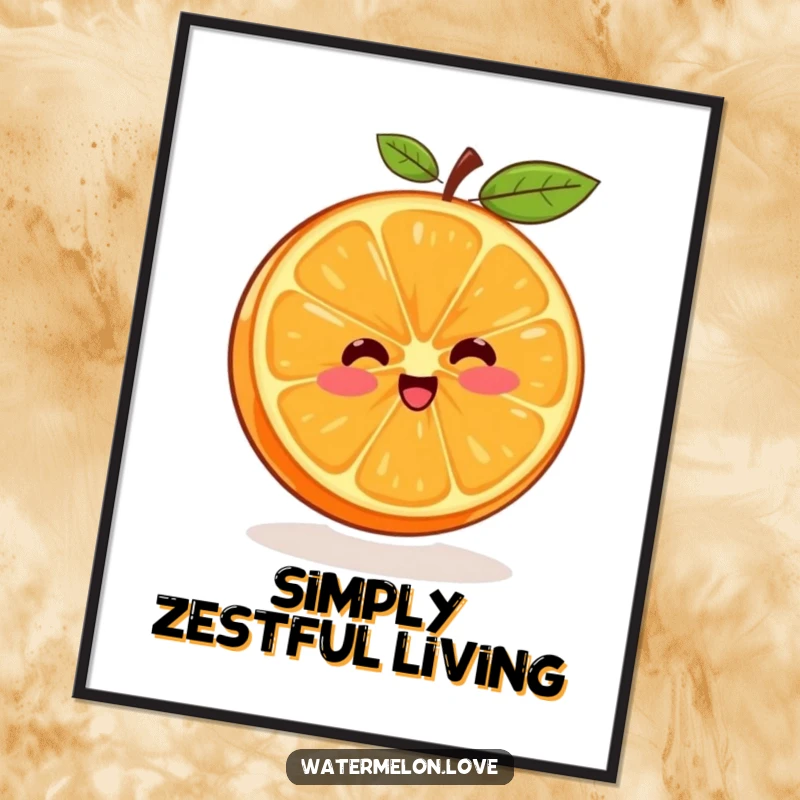 Funny poster print depicting a joyful orange segment in a dynamic spin, radiating positivity and cheer.