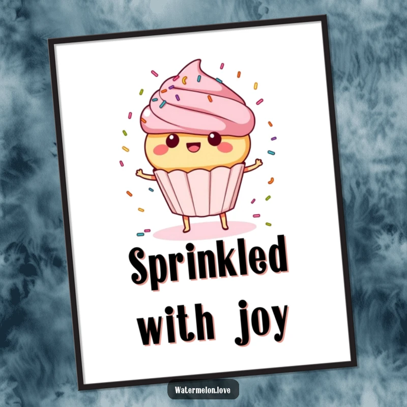 Funny Poster: A happy cupcake with sprinkles spinning energetically, vibrant and fun, a delightful funny gift.