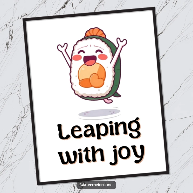Funny sushi poster, exciting artwork of anthropomorphic sushi leaping with pure elation, colorful and appetizing wall art.