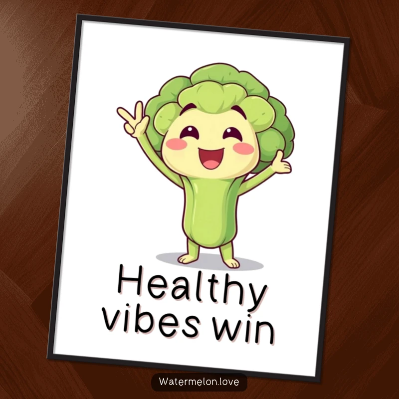 Funny Poster: Broccoli floret celebrating triumphantly, vibrant and motivational art, a delightful funny gift.