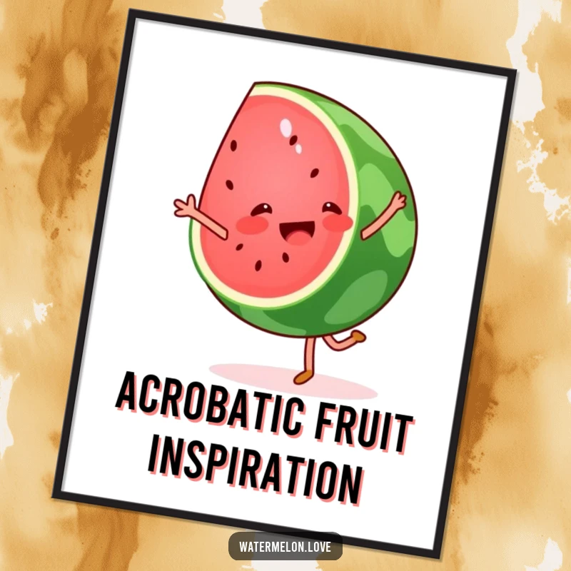 Funny watermelon cartwheel poster, a dynamic fruit wedge in mid-air, radiating pure joy and playful energy.