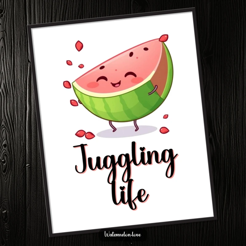 Funny watermelon poster, a smiling fruit slice with small legs, juggling seeds with energetic glee, perfect wall art.