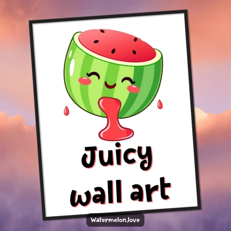Funny stylized, smiling watermelon dripping happy juice drops, presented as charming wall art.