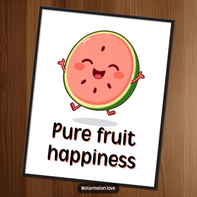 Funny, smiling anthropomorphic watermelon slice captured mid-bounce with joyful energy, perfect for summer wall decor.