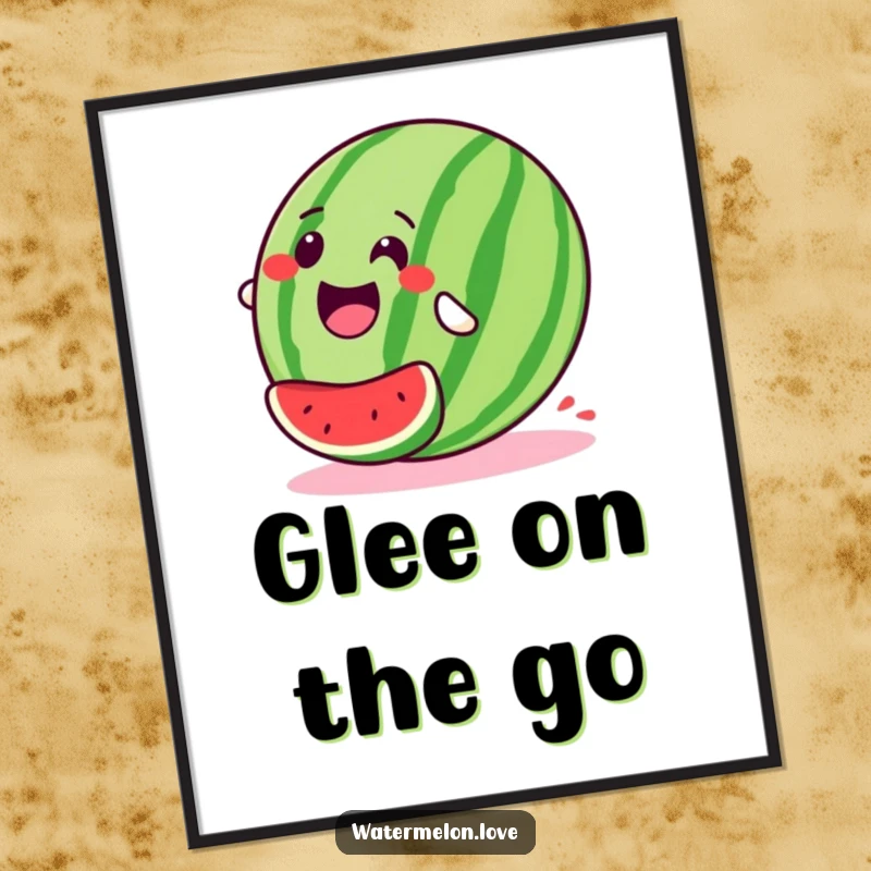 Stylized, happy watermelon poster depicting an energetic downhill roll with pure glee, bringing a sense of adventure and joy to any wall.