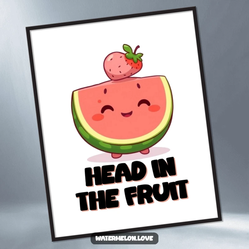 Happy watermelon slice poster artfully balancing a tiny, smiling berry on its head, symbolizing joyful friendship and delightful moments.