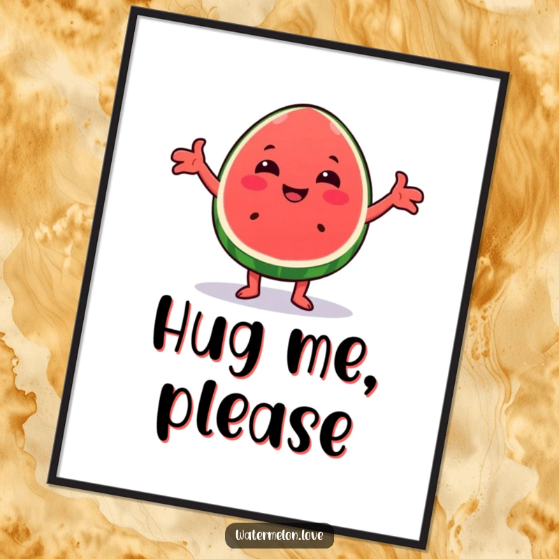 Funny Kawaii watermelon wedge poster, showcasing a cute character with arms wide open, giving a cheerful, loving hug.