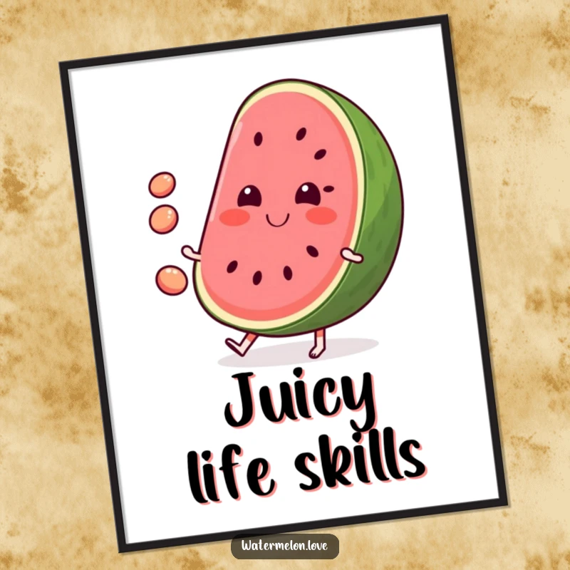 Funny Watermelon Poster: Artistic depiction of a smiling, anthropomorphic watermelon slice happily juggling its seeds.