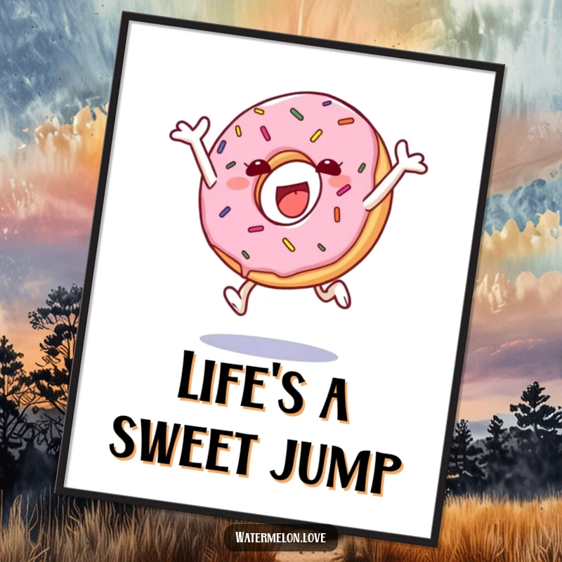 Funny poster art of a happy anthropomorphic donut with sprinkles in a joyful leap, adding sweetness to decor.