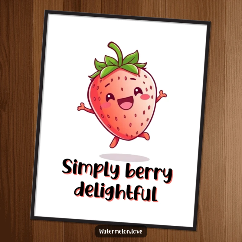 Funny Kawaii Strawberry Poster: A grinning strawberry character captured mid-jump, bringing a dose of playful energy to any wall.