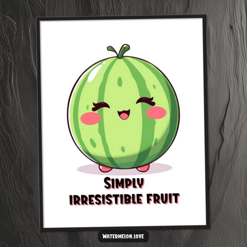 Funny winking watermelon poster, a whole fruit character with a mischievous wink and a lively bounce.